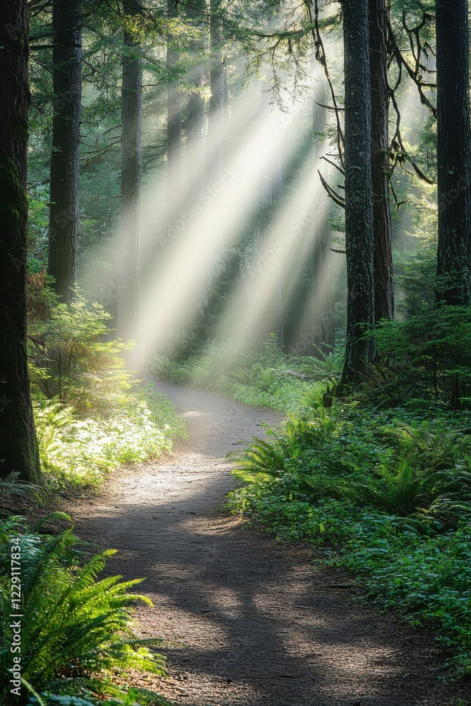 Obraz premium A winding dirt path through lush forest with sunlight filtering through trees, creating a peaceful and serene outdoor atmosphere