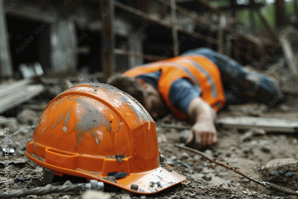 Orange safety helmet with injured construction worker lying on ground after accident at construction site in background. KI generiert, generiert, AI generated