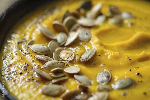 Close up of creamy pumpkin soup with seeds. Generative Ai, AI generated photo