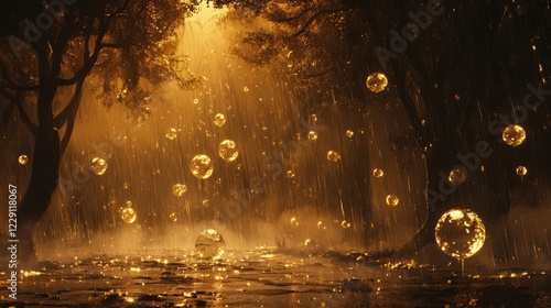 Wallpaper Mural A mystical forest scene with glowing orbs suspended in golden light, surrounded by trees and gentle rainfall, evoking a magical ambiance. Torontodigital.ca