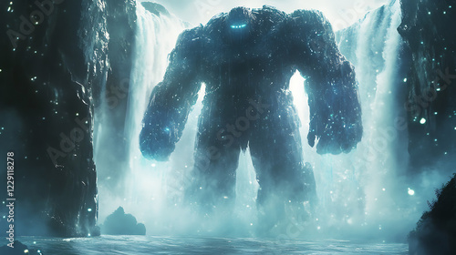 awe-inspiring Juggernaut Titan towering over a crystal-clear waterfall, surrounded by mystical mist and glowing particles