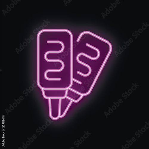 Neon sign representing two corn dogs glowing purple on a black background, perfect for attracting hungry customers to a restaurant, diner, or food stand photo