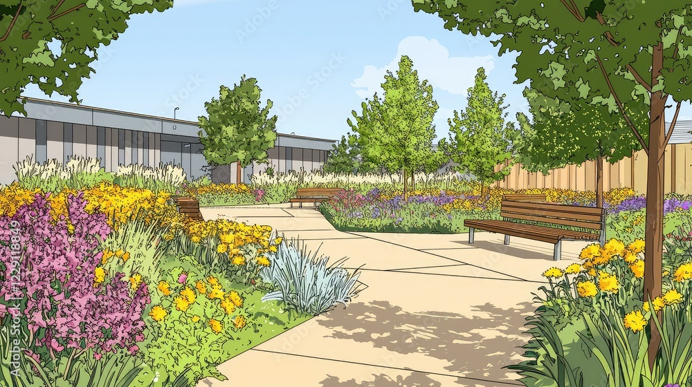 Obraz premium Vibrant Community Garden with Blooming Flowers and Serene Benches