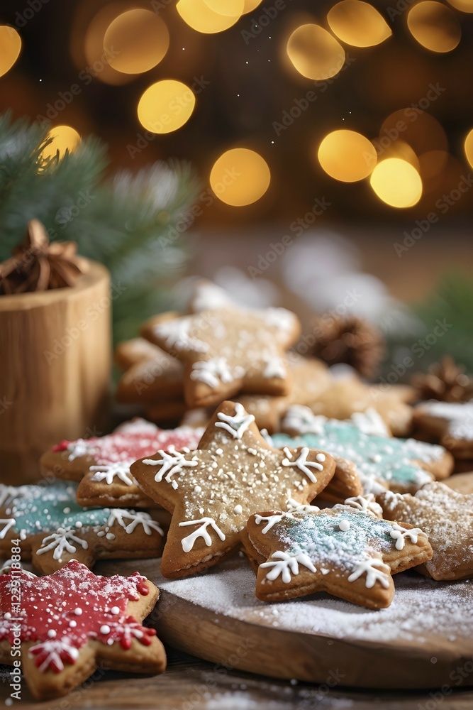 A detailed shot of Christmas cookies on a wooden table, featuring star-shaped cookies with colorful icing, sprinkles, and powdered sugar, AI generated A detailed shot of Christmas cookies on a wooden table, featuring star-shaped cookies with colorful icing, sprinkles, and powdered sugar, AI generated