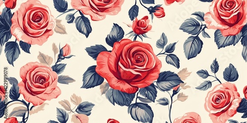 Wallpaper Mural Vibrant Floral Pattern Featuring Red and Pink Roses with Green Leaves on Cream Background Torontodigital.ca
