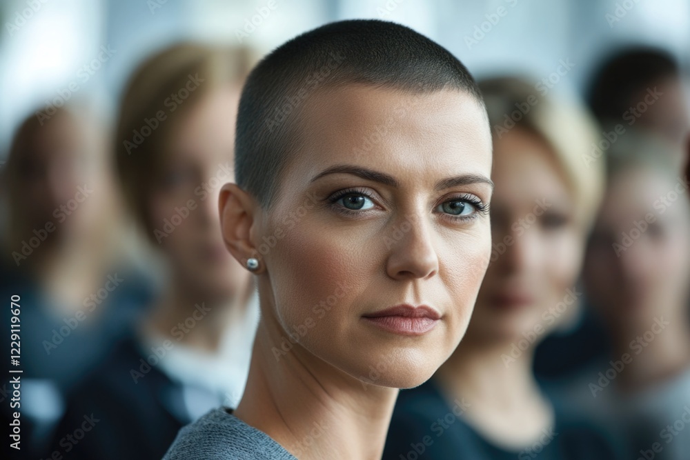 A woman stands out from the crowd with her distinctive shaved head, surrounded by people A woman stands out from the crowd with her distinctive shaved head, surrounded by people