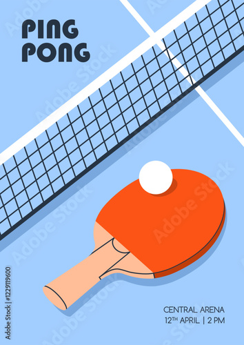 Ping pong tournament, promotion poster design. Ad card, placard template for sports game, table tennis match, contest. Advertising promo flyer with racket, ball and net. Flat vector illustration