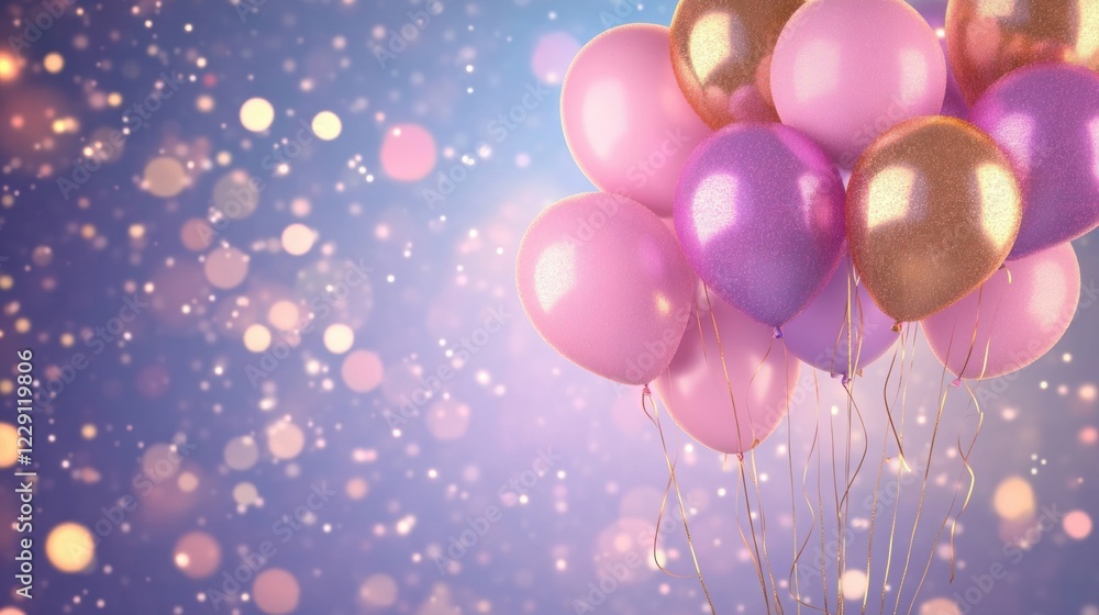 Bright pink and purple balloons cluster together, shimmering against a sparkling glittery backdrop, perfect for festive events Bright pink and purple balloons cluster together, shimmering against a sparkling glittery backdrop, perfect for festive events