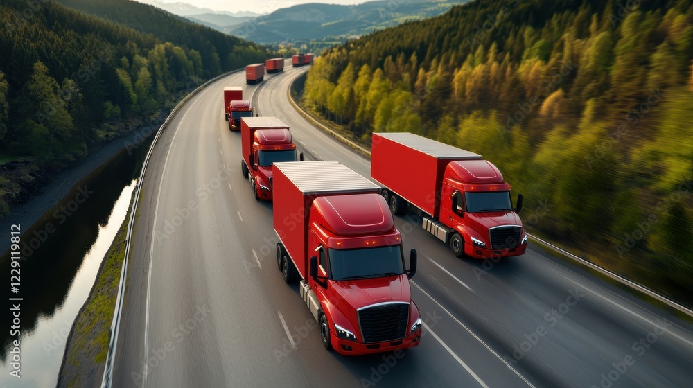 Fototapeta premium A fleet of red trucks travels along a scenic highway surrounded by lush greenery, showcasing efficient logistics and the beauty of nature.