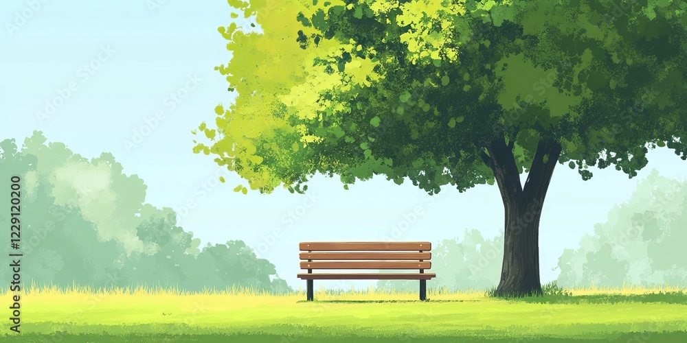 Peaceful park with a wooden bench under a vibrant green tree, perfect for relaxation and enjoying nature. Peaceful park with a wooden bench under a vibrant green tree, perfect for relaxation and enjoying nature.