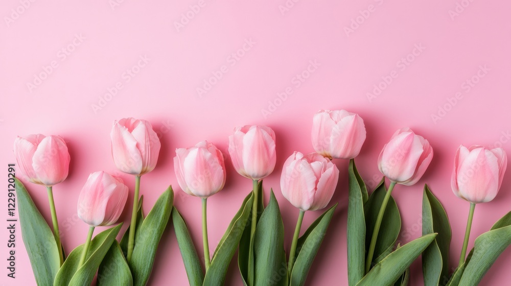 Delicate pink tulips stand together on a soft pink surface, creating a harmonious and soothing floral arrangement for any occasion Delicate pink tulips stand together on a soft pink surface, creating a harmonious and soothing floral arrangement for any occasion
