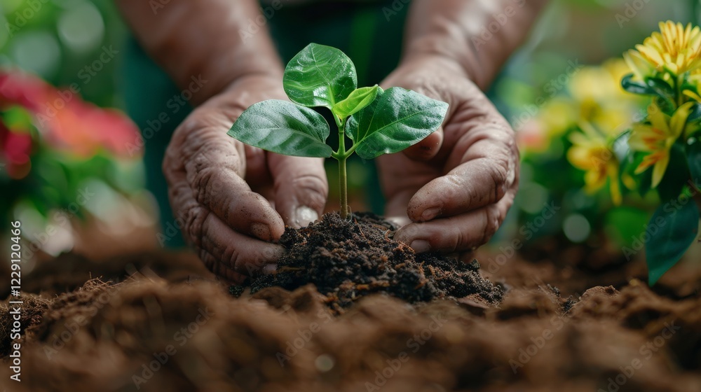 Plant Power Day. Hands gently planting a green seedling in soil surrounded by vibrant flowers. Plant Power Day. Hands gently planting a green seedling in soil surrounded by vibrant flowers.
