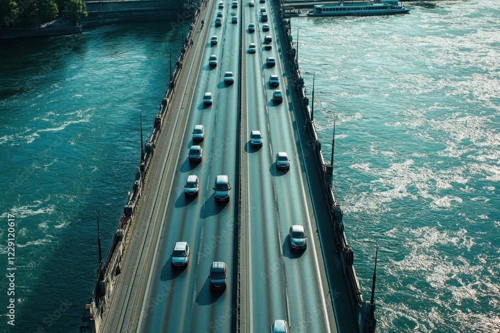 Fototapeta premium Busy bridge over the Rhein river captured from above showing vehicles in motion, Aerial of busy bridge over the Rhein river from Mannheim to Ludwigshafen