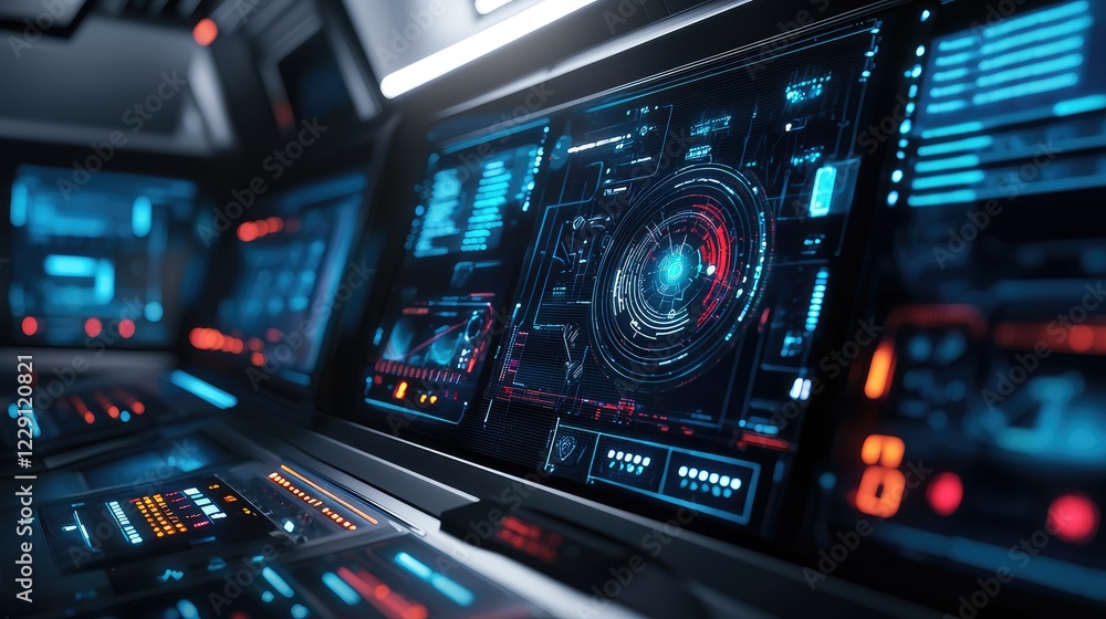 Futuristic Control Room Interface with Digital Displays and Holograms Futuristic Control Room Interface with Digital Displays and Holograms