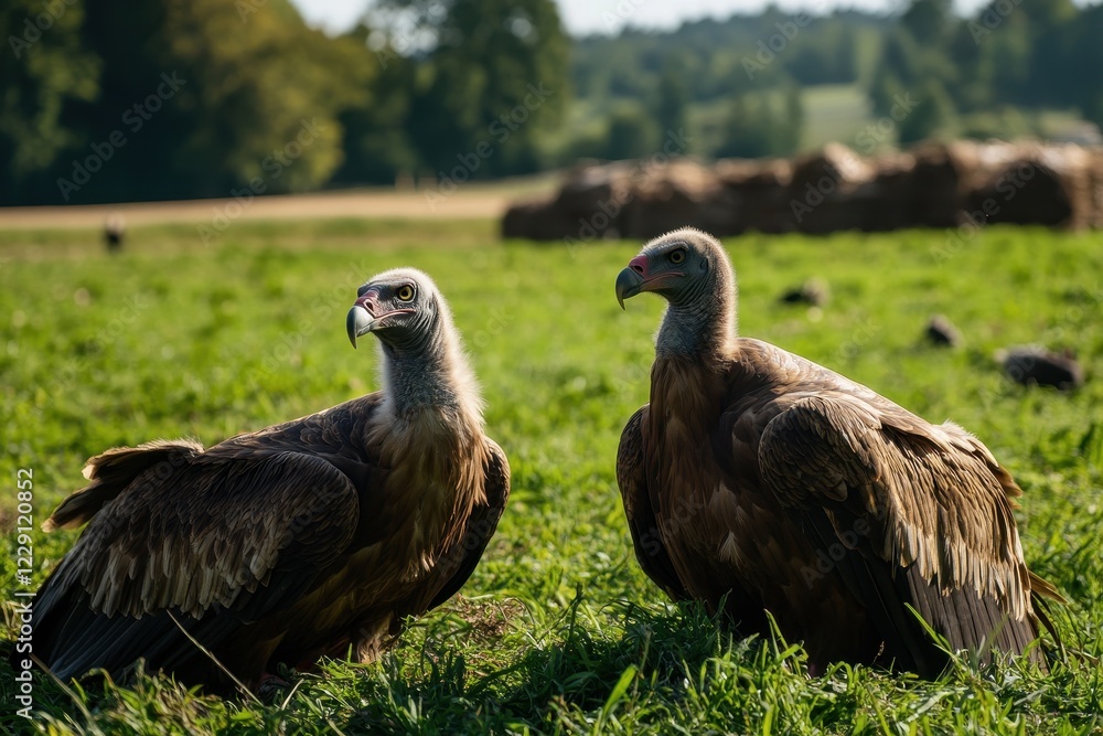 Fototapeta premium Large Griffon Vultures perched on grassland in natural habitat enjoying sunlight, Griffon Vulture, Gyps fulvus, large birds of prey sitting on the field Close up