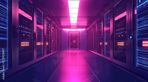 Futuristic Data Center with Neon Lights and High-Tech Equipment