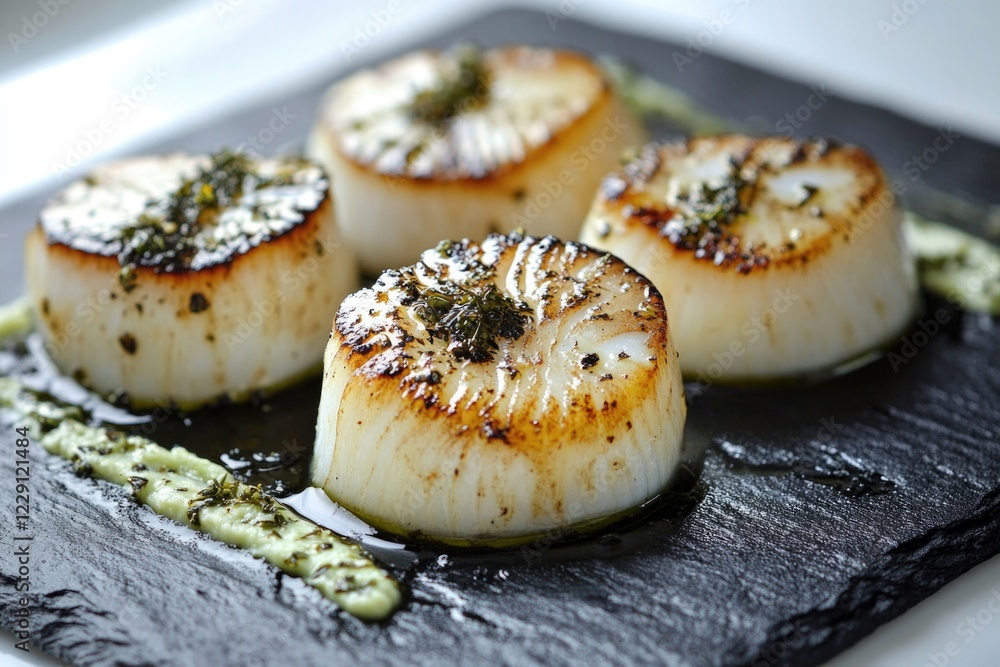 Fresh scallops served with creamy pesto sauce on a black plate Fresh scallops served with creamy pesto sauce on a black plate