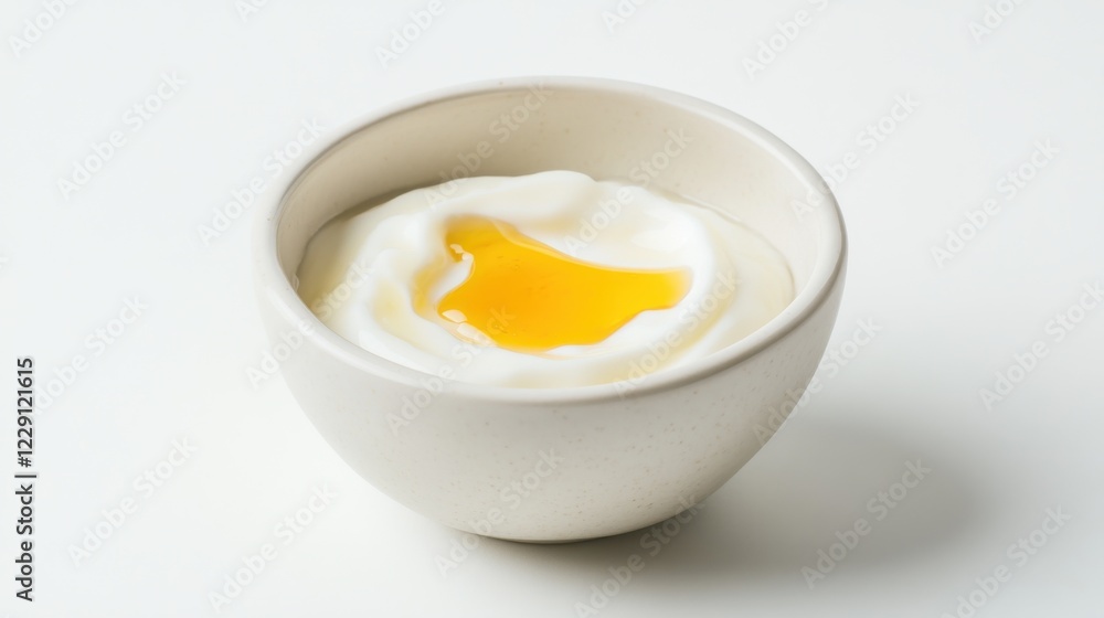 A minimalist bowl of plain yogurt topped with a drizzle of honey, served in a simple white ceramic bowl, Yogurt centered
