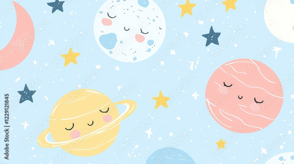 Cute Cartoon Space Theme with Planetary Characters on Blue Background Cute Cartoon Space Theme with Planetary Characters on Blue Background
