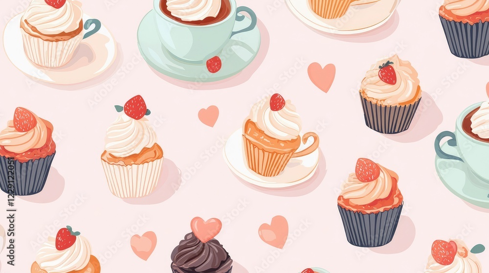 Cute Cupcake Pattern with Teacups and Hearts for Background Design Cute Cupcake Pattern with Teacups and Hearts for Background Design