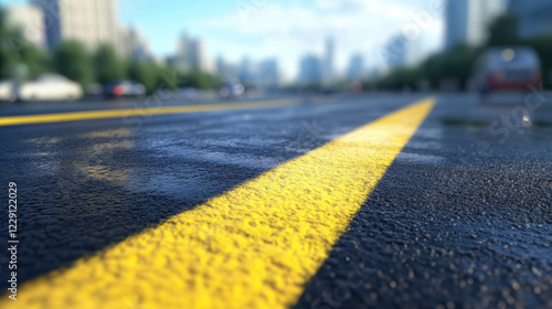 Fototapeta Naklejka Na Ścianę i Meble -  dynamic close up view of city street featuring wet road with prominent yellow line, showcasing urban life and architecture in background