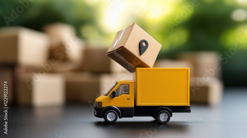 A miniature yellow delivery truck carrying a cardboard box with a location pin, surrounded by blurred shipping boxes, representing logistics and shipping.