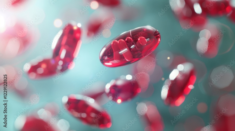 Red capsules float gracefully in the air, surrounded by a soft blue background that enhances their vibrant color and shape Red capsules float gracefully in the air, surrounded by a soft blue background that enhances their vibrant color and shape