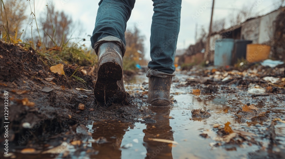 A person walks through a muddy path with puddles and debris, capturing the essence of outdoor exploration. The scene highlights the beauty of nature amidst imperfection. A person walks through a muddy path with puddles and debris, capturing the essence of outdoor exploration. The scene highlights the beauty of nature amidst imperfection.