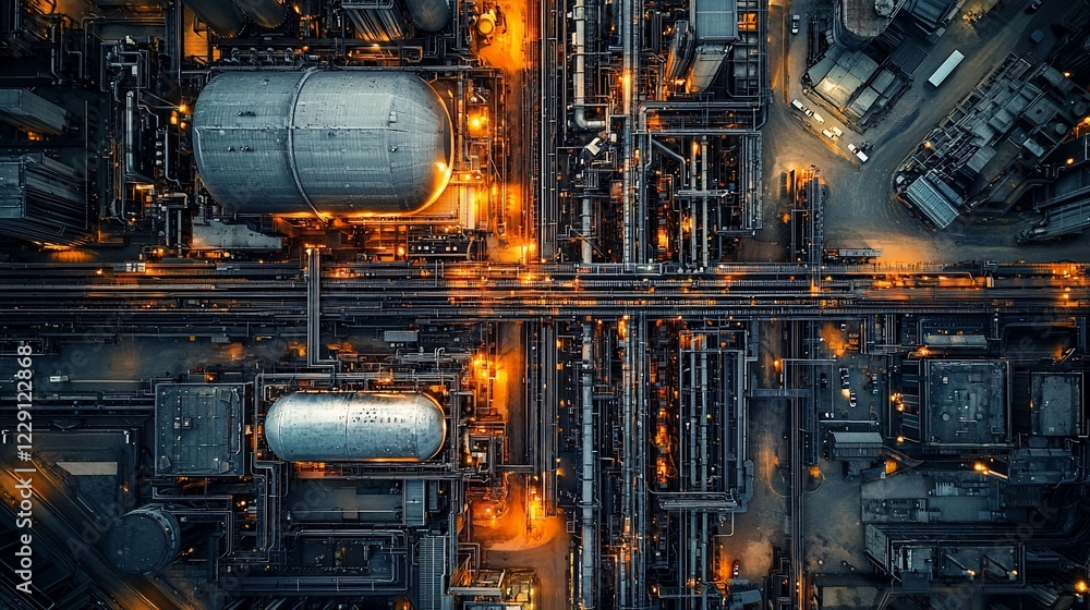 Aerial night view of industrial complex, illuminated pipelines & tanks. Use Industrial, energy, infrastructure Aerial night view of industrial complex, illuminated pipelines & tanks. Use Industrial, energy, infrastructure