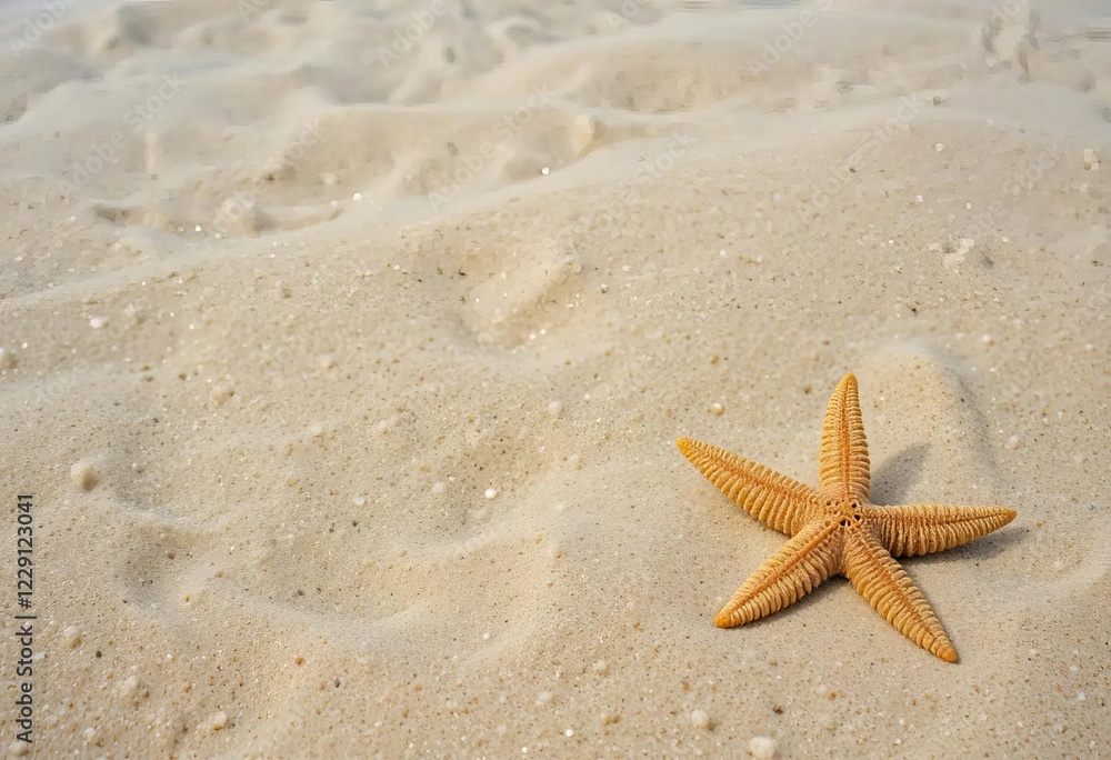 A starfish on a sandy beach with crystal clear blue water in the background A starfish on a sandy beach with crystal clear blue water in the background