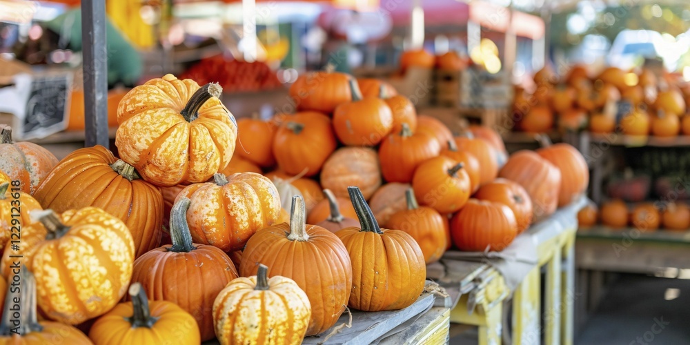 Banner with orange pumpkins on wooden racks at farmer's market. Generative Ai, AI generated Banner with orange pumpkins on wooden racks at farmer's market. Generative Ai, AI generated