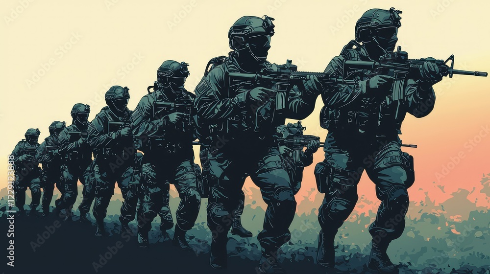 Military Soldiers in Tactical Gear Advancing Silhouette Illustration Military Soldiers in Tactical Gear Advancing Silhouette Illustration