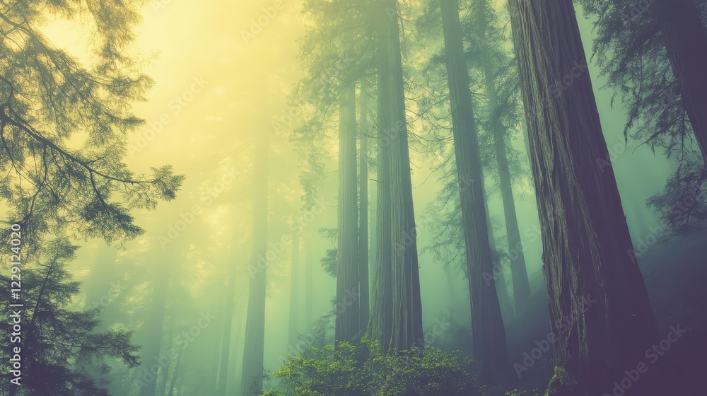 Obraz premium Soft fog blankets quiet forest with tall trees emerging from mist