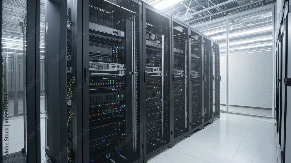 Modern Data Center with Rows of Server Racks and Bright LEDs Modern Data Center with Rows of Server Racks and Bright LEDs