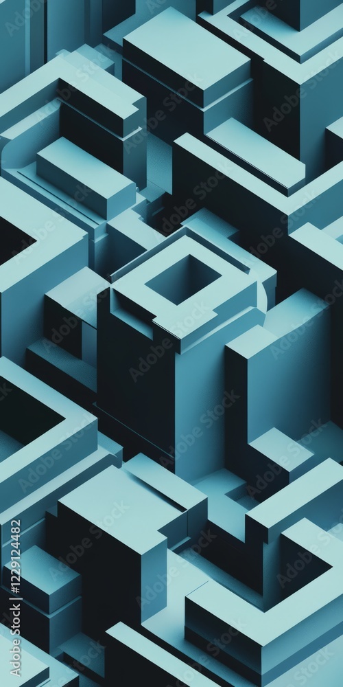 A modern 3D abstract illustration featuring interlocking blue cubes creating a geometric pattern with dynamic shadows. A modern 3D abstract illustration featuring interlocking blue cubes creating a geometric pattern with dynamic shadows.