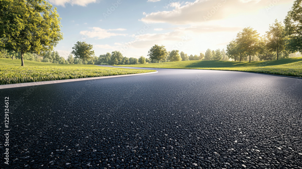 smooth, freshly paved road curves through lush green landscape under bright sky, creating serene and inviting atmosphere smooth, freshly paved road curves through lush green landscape under bright sky, creating serene and inviting atmosphere