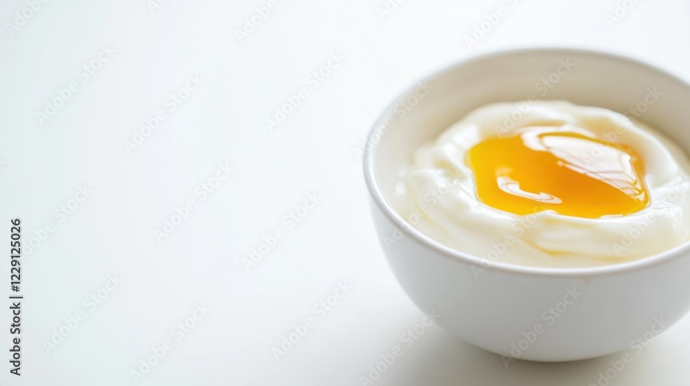 A minimalist bowl of plain yogurt topped with a drizzle of honey, served in a simple white ceramic bowl, Yogurt centered A minimalist bowl of plain yogurt topped with a drizzle of honey, served in a simple white ceramic bowl, Yogurt centered