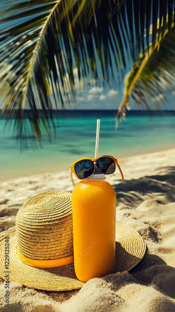 Refreshing smoothie and straw hat on sandy beach under palm trees in sunny weather near ocean waves Refreshing smoothie and straw hat on sandy beach under palm trees in sunny weather near ocean waves