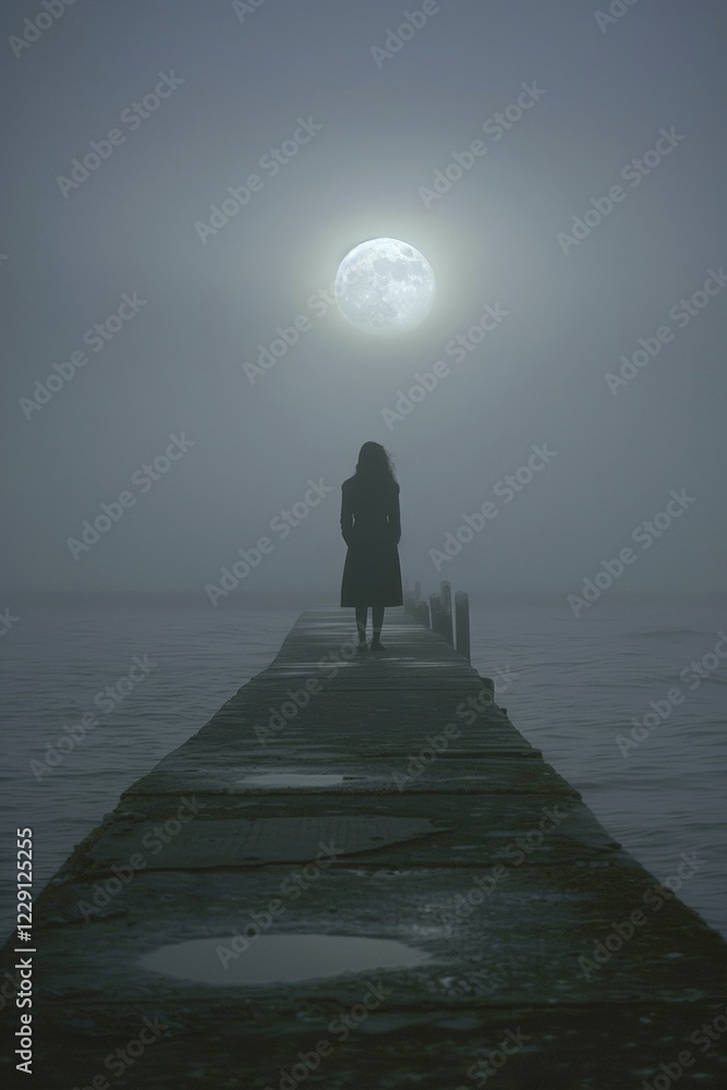 Silhouette of a lonely, sad woman on a concrete footbridge on a foggy full moon night, symbolic image for, suicidal thoughts, suicide, AI generated, AI generated, AI generated Silhouette of a lonely, sad woman on a concrete footbridge on a foggy full moon night, symbolic image for, suicidal thoughts, suicide, AI generated, AI generated, AI generated