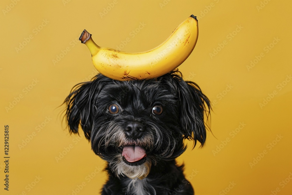 Funny dog with banana fruit on head in front of yellow studio background. KI generiert, generiert, AI generated