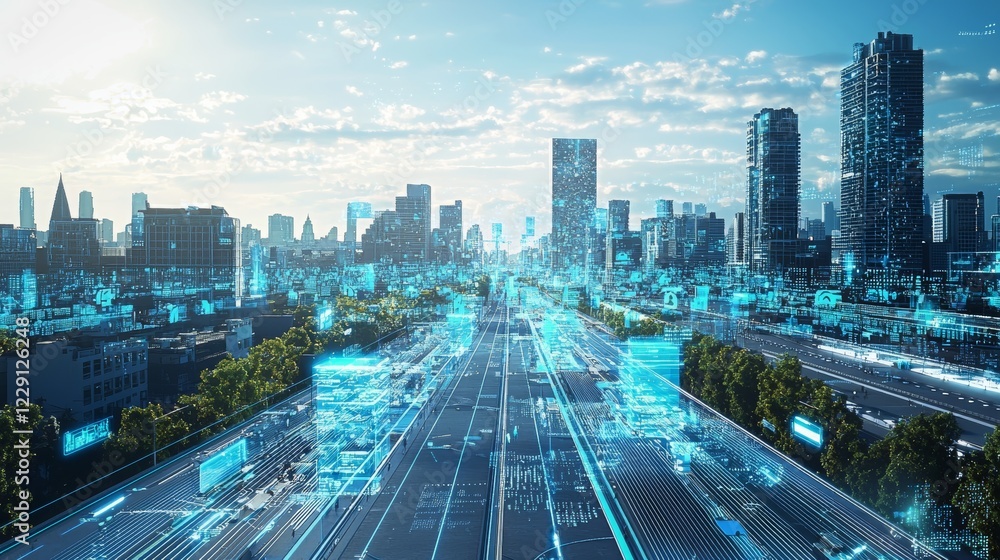 Futuristic Cityscape with Digital Overlay and Urban Skyline Elements Futuristic Cityscape with Digital Overlay and Urban Skyline Elements