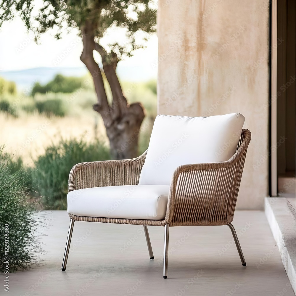 Fototapeta premium Curved rope patio chair with a sleek aluminum frame