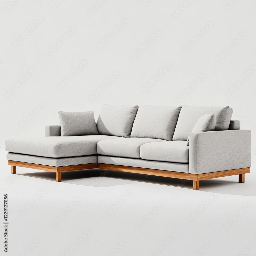 Elegant sectional sofa with teak base and sleek gray cushions Elegant sectional sofa with teak base and sleek gray cushions