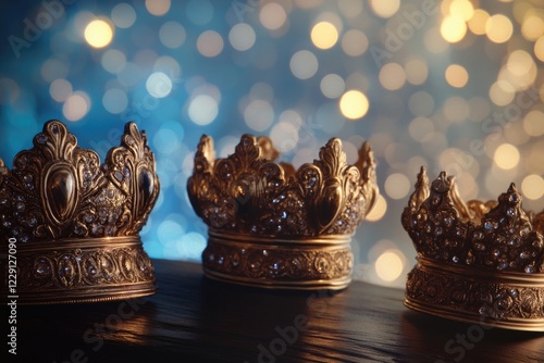 Gold crowns resting on a rustic wooden table, suitable for regal or luxurious themes photo