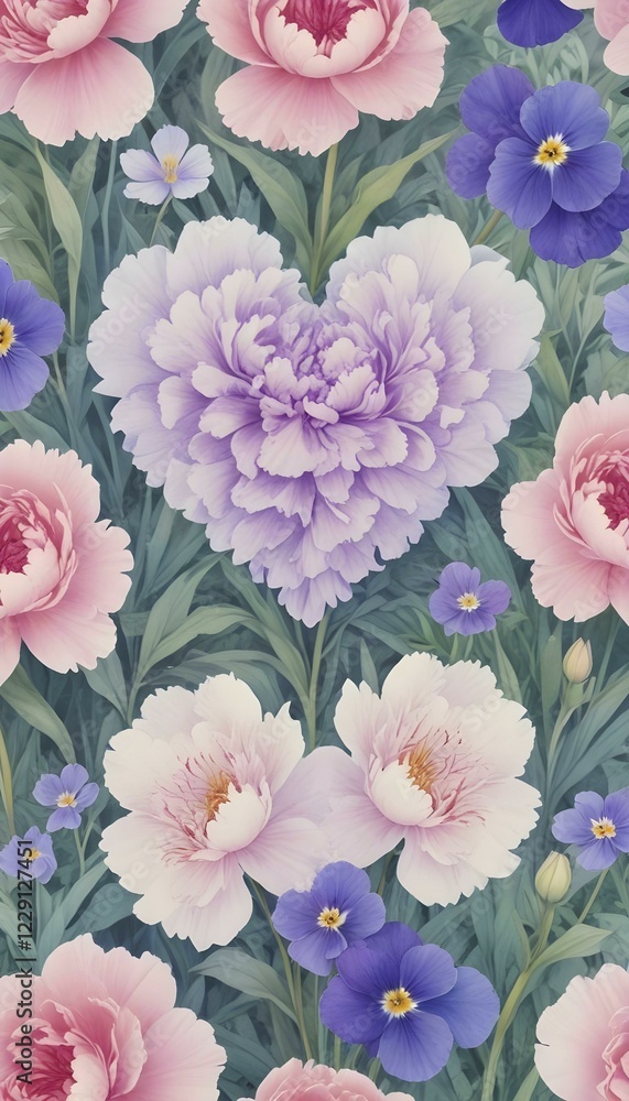 Heart-shaped lavender flower among pink and purple blooms with lush green leaves, showcasing a soft and delicate floral pattern, AI generated