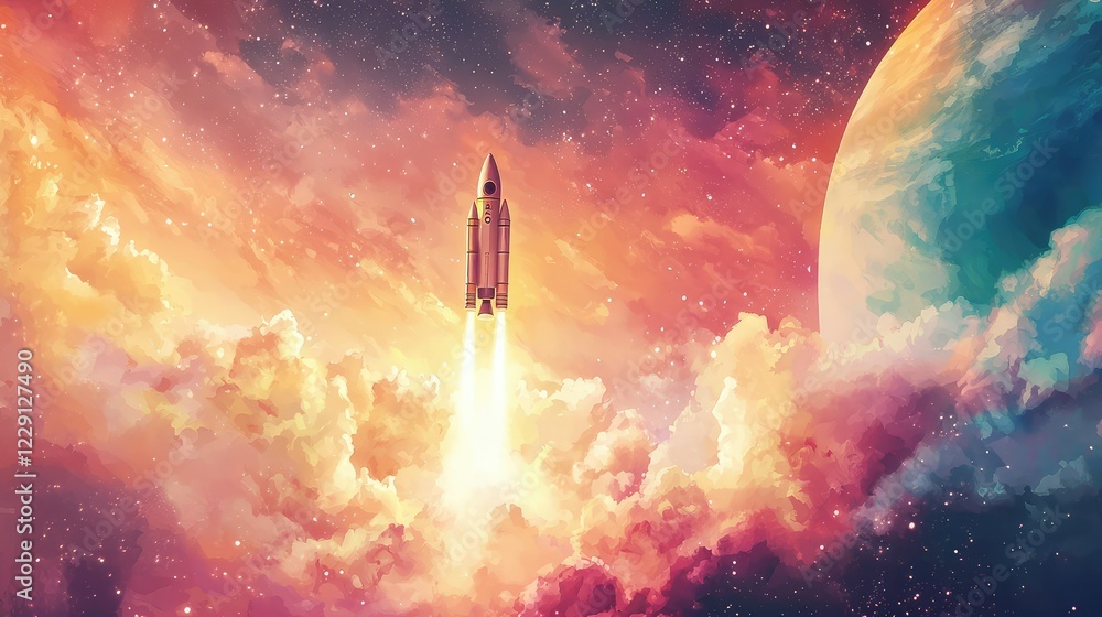 Rocket Launch in Colorful Space with Clouds and Planets Surrounding Rocket Launch in Colorful Space with Clouds and Planets Surrounding