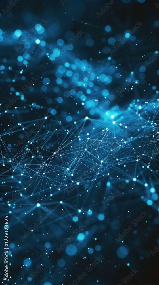 Abstract digital network displays bright blue nodes connected by intricate lines against a dark background Abstract digital network displays bright blue nodes connected by intricate lines against a dark background