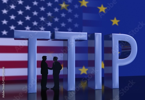 Two businessmen shaking hands in front of USA flag and EU flag, writing TTIP, FTA, free trade agreement, Computer Graphic photo