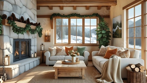 Winter living room rustic decor with decorative pastel pillows  rustic coffee table and eukalyptus garlants