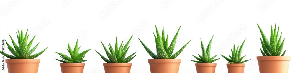 Fototapeta premium A collection of small potted plants placed on a flat surface, ideal for use in illustrations or designs about nature, home decor, and more